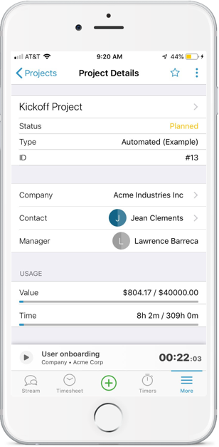 Accelo's mobile projects module for seeing a detailed project status from anywhere